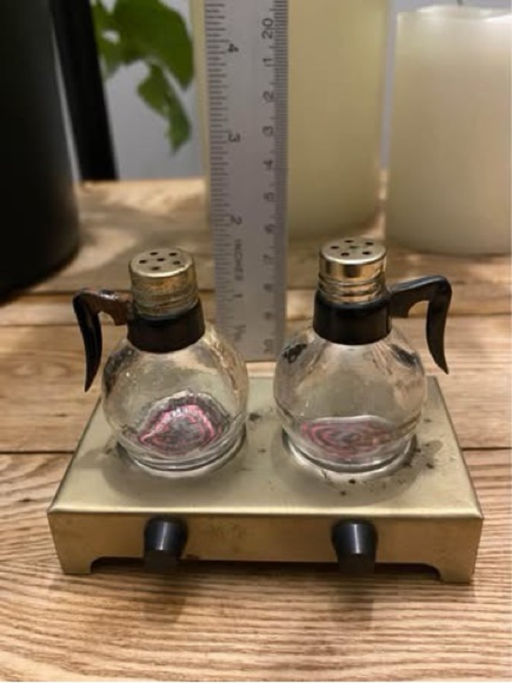 Vintage MCM Glass Coffee Carafe Salt & Pepper Shakers Stove Base Caddy Novelty